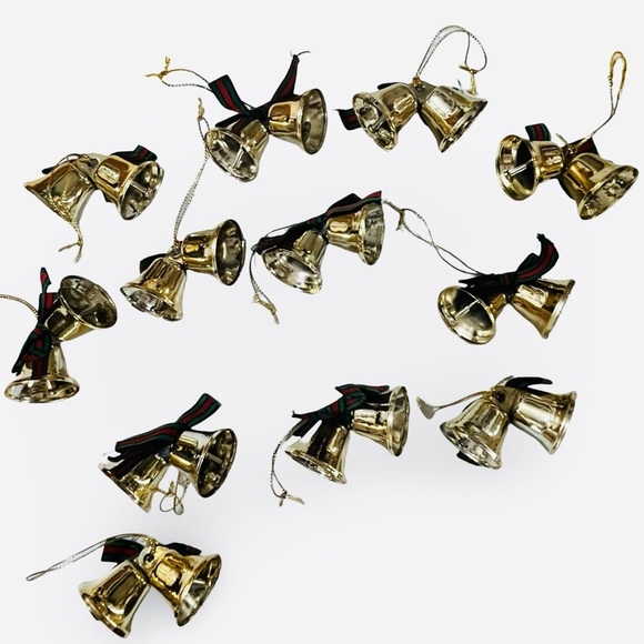 Other - Festive Gold Tone Red and Green Plaid Bow Jingle Bell Ornaments Set of 12